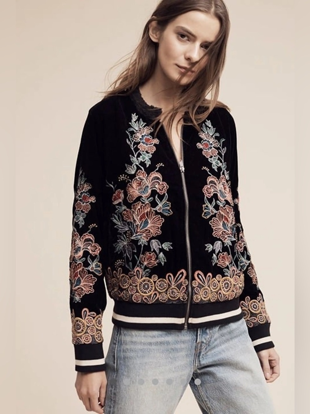 Anthropologie Elevenses “Hallie” Black Velvet Embroidered Bomber Medium Petite
